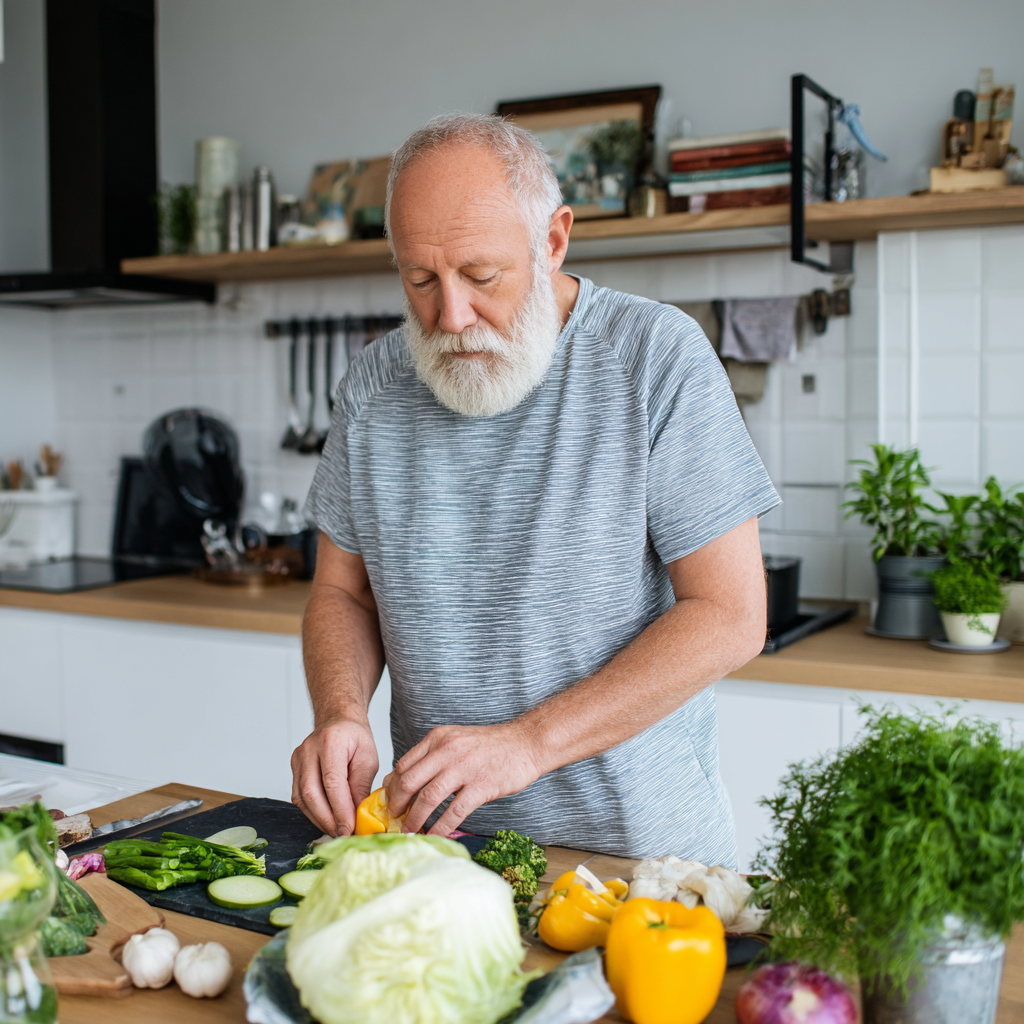 Happy middle-aged Ukrainian woman holding fresh vegetables in a modern kitchen, smiling while preparing nutritious meal