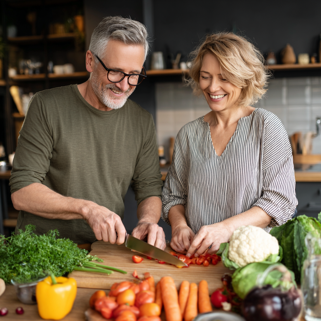 Smiling elderly Ukrainian couple enjoying healthy meal together outdoors, showing happiness and wellbeing from proper nutrition